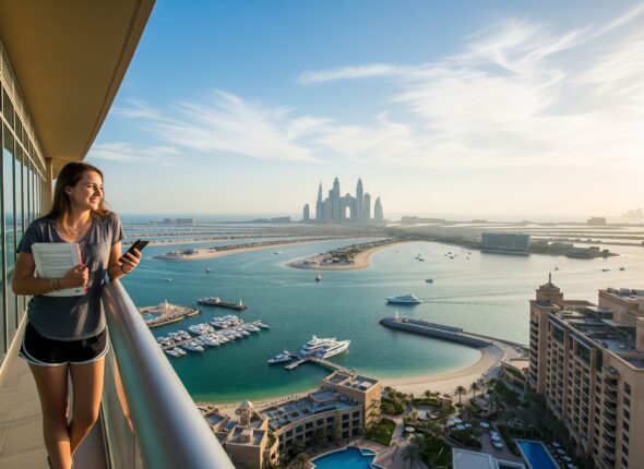 Dubai eğitim ve yaşam giderleri- Dubai'de bir öğrnci evinin balkonundan Palm Jumeirah manzarasını izliyor.