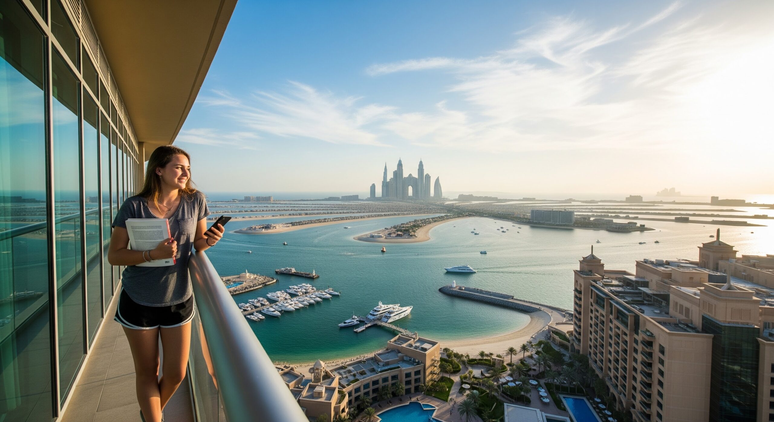 Dubai eğitim ve yaşam giderleri- Dubai'de bir öğrnci evinin balkonundan Palm Jumeirah manzarasını izliyor.