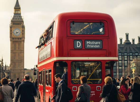 İngiltere yaşam maliyetleri: Londra’da kalabalık bir caddede ilerleyen kırmızı iki katlı otobüs ve şehir hayatı manzarası.