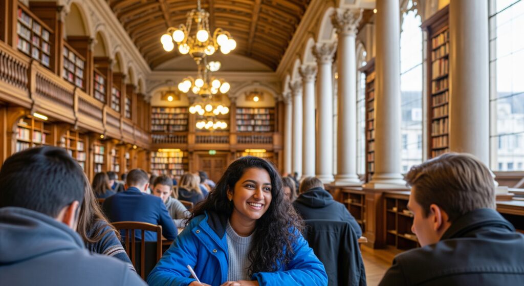 İngiltere üniversiteleri- kütüphanede ders çalışan uluslararası öğrenciler