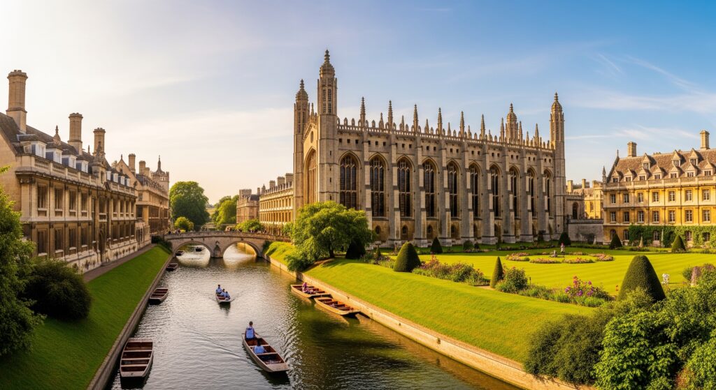 Cambridge Üniversitesi ve River Cam nehri manzarası, İngiltere’de eğitim ve öğrenci yaşamı için popüler bir sembol.