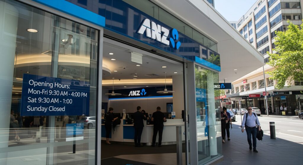 avustralya'da bir bankanın girişi- çalışma saatlerini gösteren bir yazı asılmış