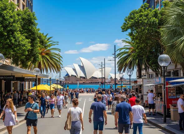 Avustralya'ya çalışmak için gelmiş göçmenler Sydney sokaklarında yürüyor.