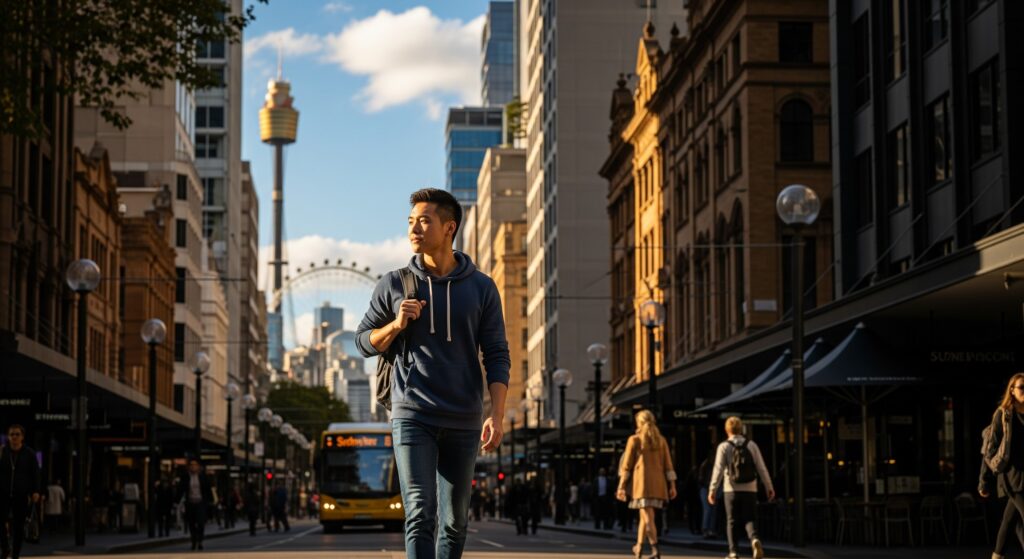 Avustralya yaşam maliyetleri- Sydney'de bir uluslararası öğrenci otobüs durağına yürüyor