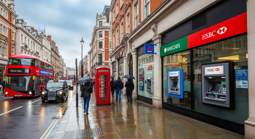 İngiltere'de bulunan bankaların ATM lerinin olduğu bir sokak