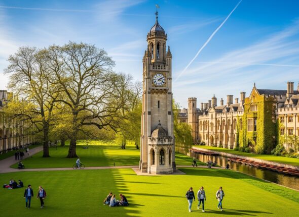 Cambridge Üniversitesinde yüksek lisans yapan öğrenciler kampüsün tadını çıkarıyor.