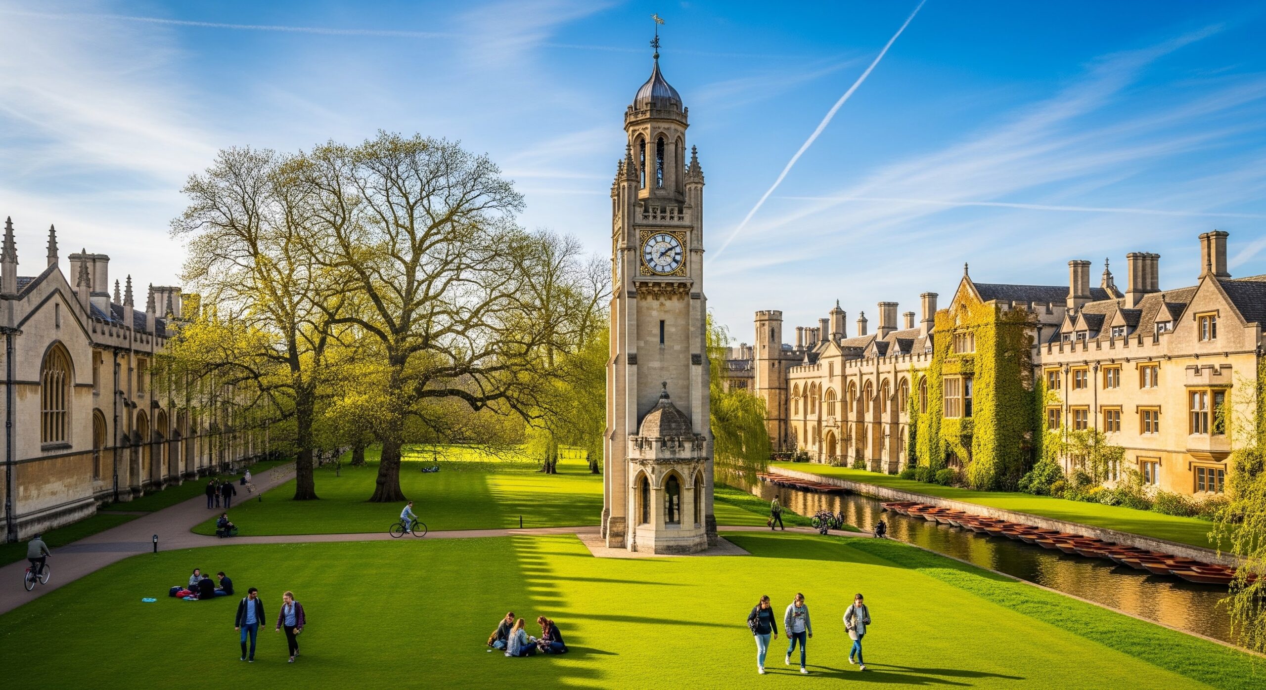 Cambridge Üniversitesinde yüksek lisans yapan öğrenciler kampüsün tadını çıkarıyor.