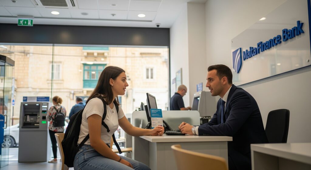 Malta'da öğrenciler için sunulan krediler hakkında bilgi almak isteyen bir öğrenci banka görevlisiyle konuşuyor.