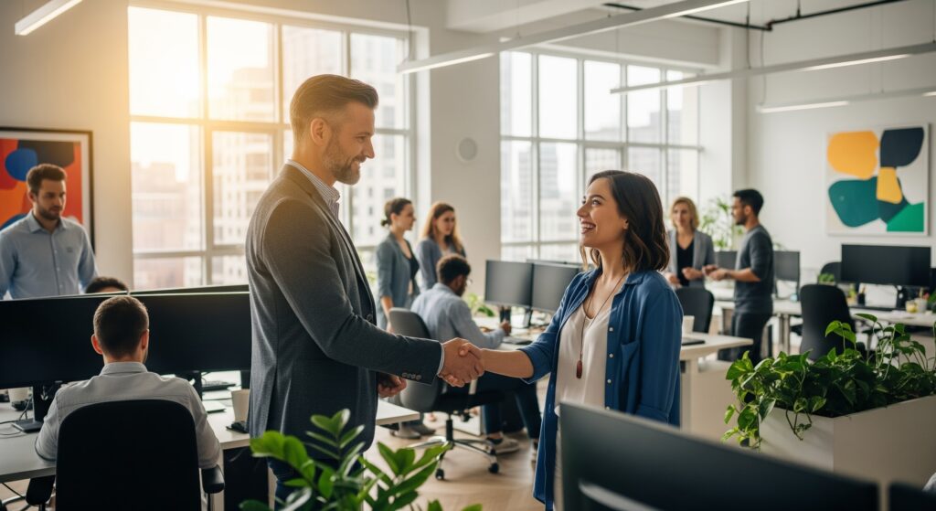 Malta'da eğitimine finansal destek sağlamak için işveren sponsorluğu uygulamasından yararlanan bir öğrenci ve işvereni el sıkışıyor.