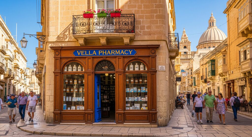 Malta'da bir eczane- Malta sağlık sisteminde küçük rahatsızlıklar için eczanelerden yardım alabilirisniz.