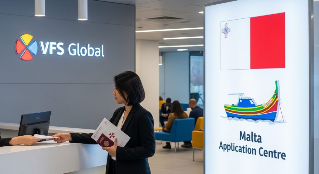 Malta çalışma vizesi başvurusu yapmak için VFS Global şubesine giden bir genç