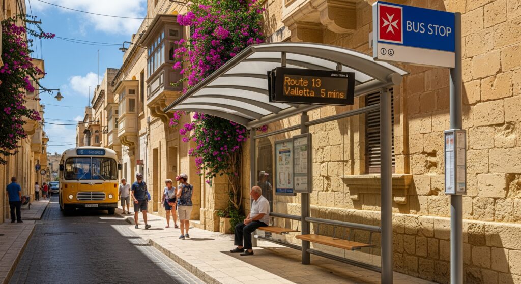Malta2da bir otobüs durağı- Yaşam maliyetlerinden tasarruf etmek için toplu taşıma kullanmak şart