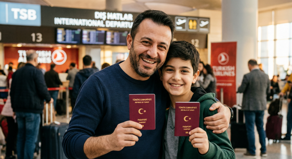 Yaz okulu için vize almış bir baba ve oğul